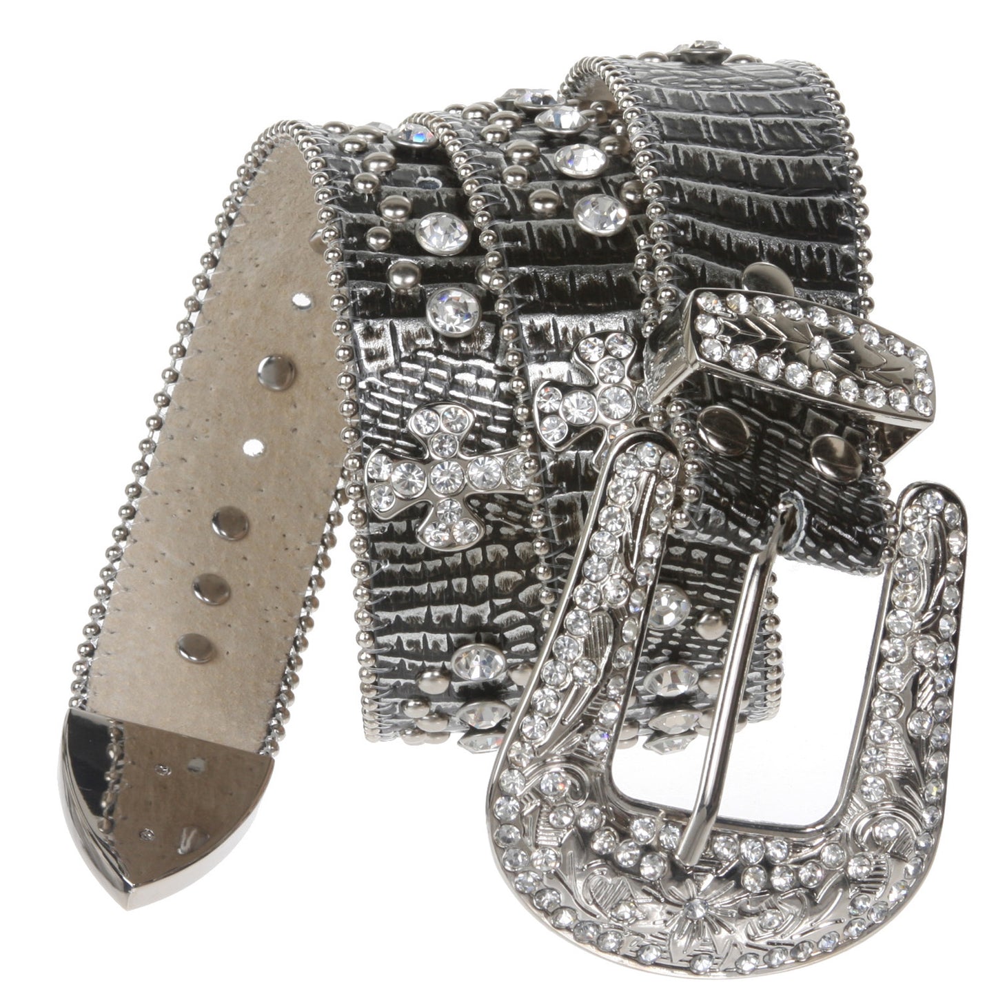 1 1/2" Snap On Western Rhinestone Cross Studded Faux Alligator Leather Belt