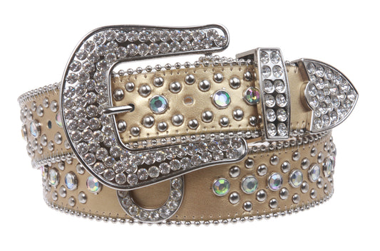 Snap on Western Rhinestone Silver Circle Studs and Horseshoes Decoration Genuine Leather Belt