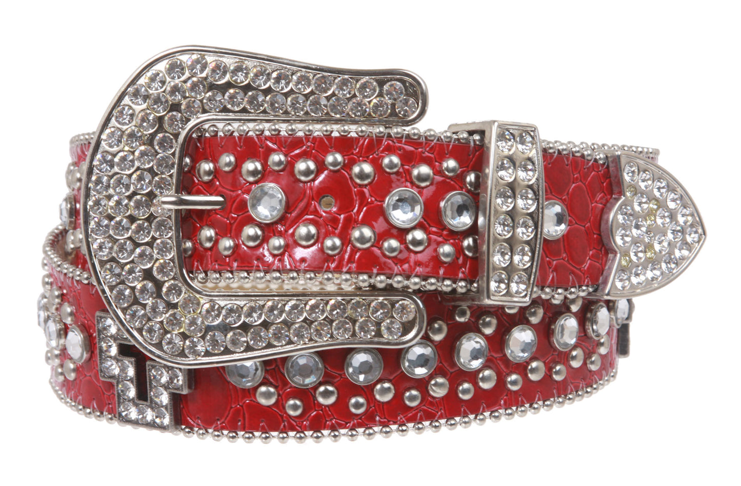 Western Rhinestone Cross Ornaments Croco Print Genuine Leather Belt