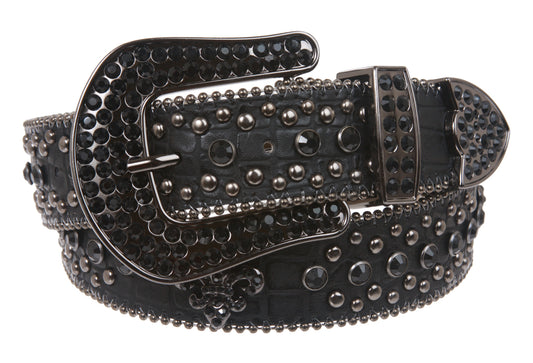 Snap On Western Cowgirl Alligator Rhinestone Fleur De Lis Studded Leather Belt