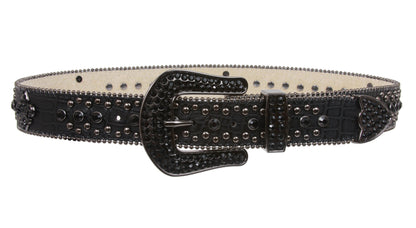 Snap On Western Cowgirl Alligator Rhinestone Fleur De Lis Studded Leather Belt