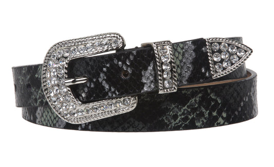 1" Western Rhinestone Buckle Snake Print Leather Belt