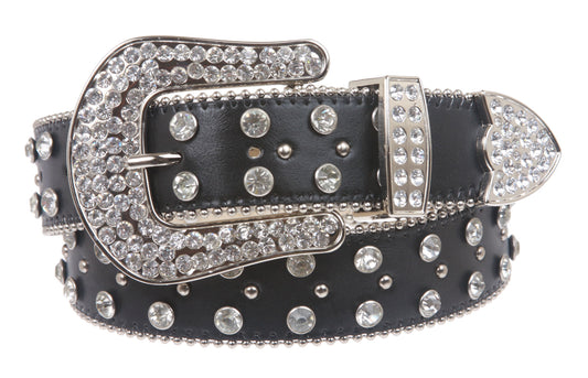 Snap On Western Cowgirl Rhinestone Fleur De Lis Studded Leather Belt