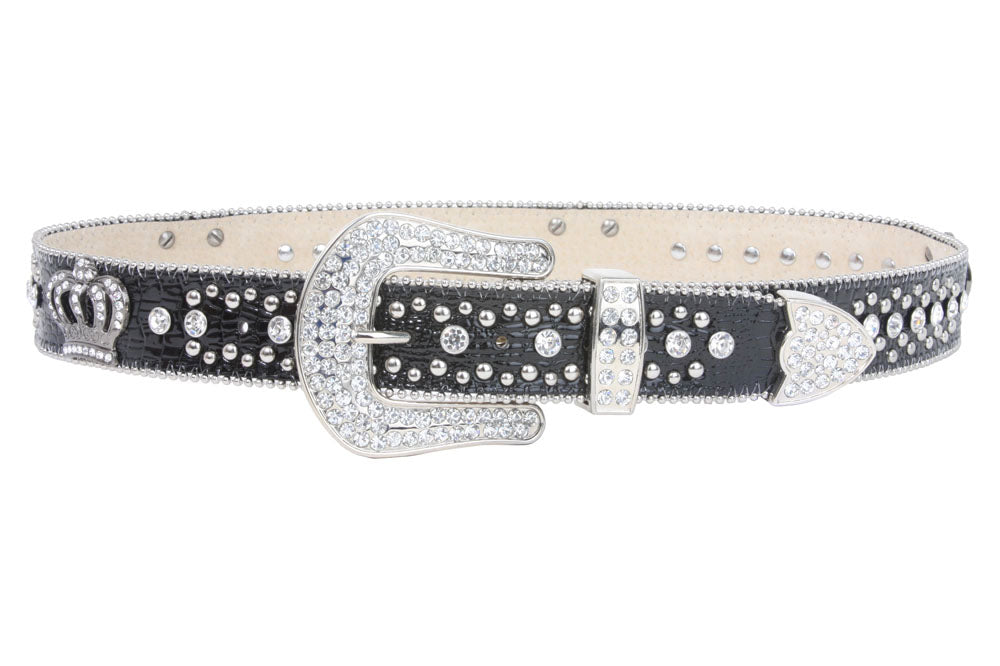 Snap On Rhinestone Crown Silver Circle Studded Genuine Leather Belt