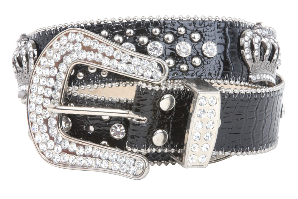 Snap On Rhinestone Crown Silver Circle Studded Genuine Leather Belt