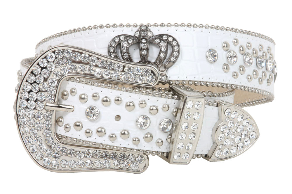 Snap On Rhinestone Crown Silver Circle Studded Genuine Leather Belt