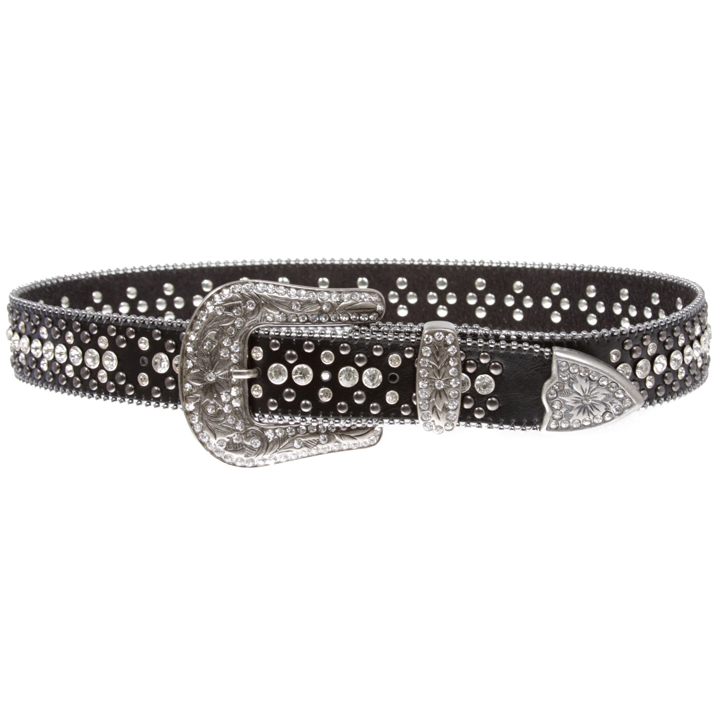 Snap On Rhinestone and Gun Metal Color Circle Studded Leather Belt