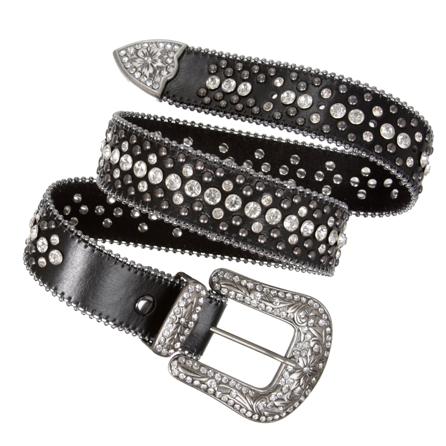 Snap On Rhinestone and Gun Metal Color Circle Studded Leather Belt