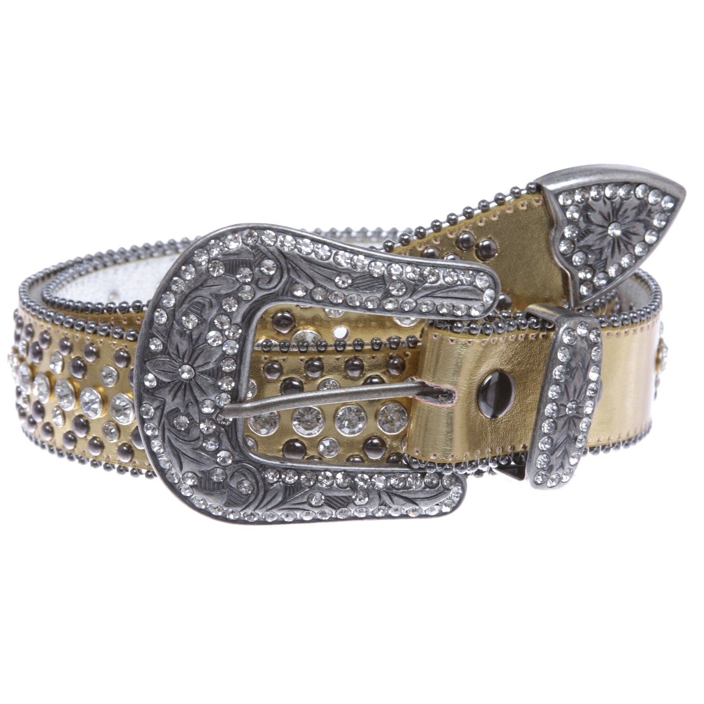 Snap On Rhinestone and Gun Metal Color Circle Studded Leather Belt