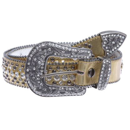 Snap On Rhinestone and Gun Metal Color Circle Studded Leather Belt