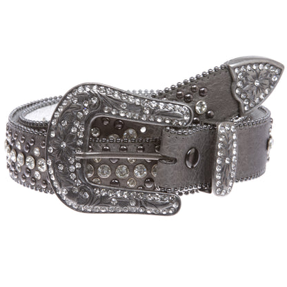 Snap On Rhinestone and Gun Metal Color Circle Studded Leather Belt