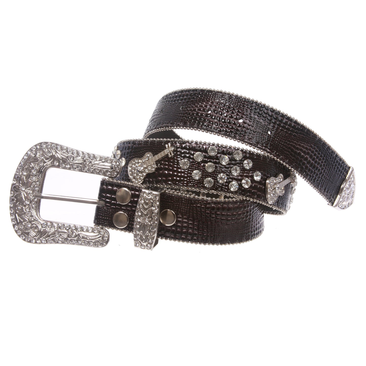 1 1/2" Snap On Western Rhinestone Guitar Studded Alligator Leather Belt