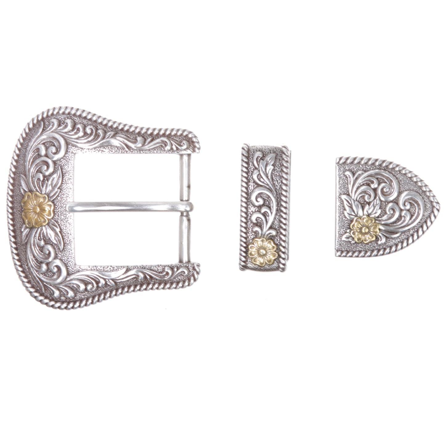 1 1/2"-3.8cm Western 3-Piece Silver/Gold Two-Tone Floral Belt Buckle Set