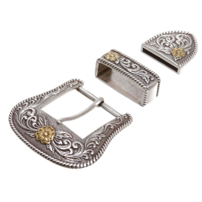 1 1/2"-3.8cm Western 3-Piece Silver/Gold Two-Tone Floral Belt Buckle Set