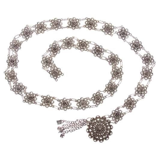 Bohemian Vintage Silver Flower Pendant Necklace Body Chain Belt