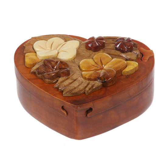 Handcrafted Wooden Heart Shape Secret Jewelry Puzzle Box - Heart & Flower