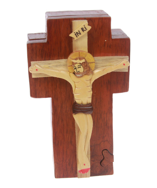 Handcrafted Wooden Jesus on a Cross Secret Jewelry Puzzle Box - Jesus on a Cross