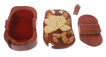 Handcrafted Wooden Rose Flower Shape Secret Jewelry Puzzle Box -Rose Flower