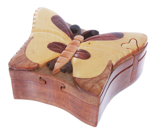 Handcrafted Wooden Butterfly Shape Secret Jewelry Puzzle Box - Butterfly