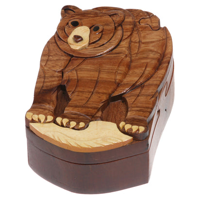 Handcrafted Wooden Animal Shape Secret Jewelry Puzzle Box - Bear