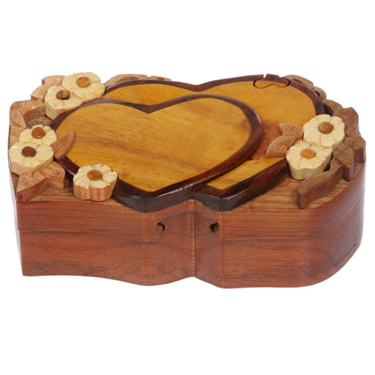 Handcrafted Wooden Double Heart Shape Secret Jewelry Puzzle Box