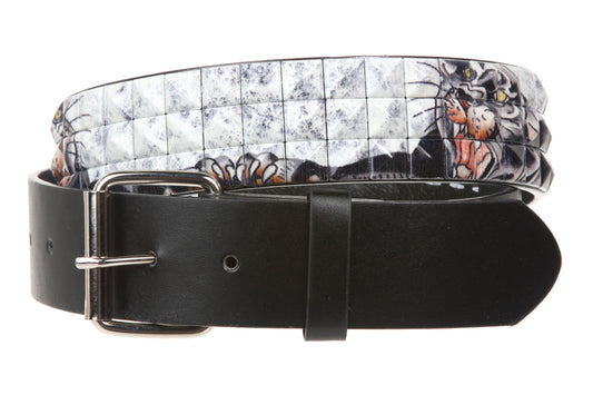 Snap On 1 1/2" Tiger Print Checkerboard Punk Rock Studded Belt